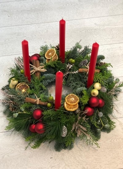 Table Advent Wreath with 4 candles to celebrate each Sunday before Christmas.