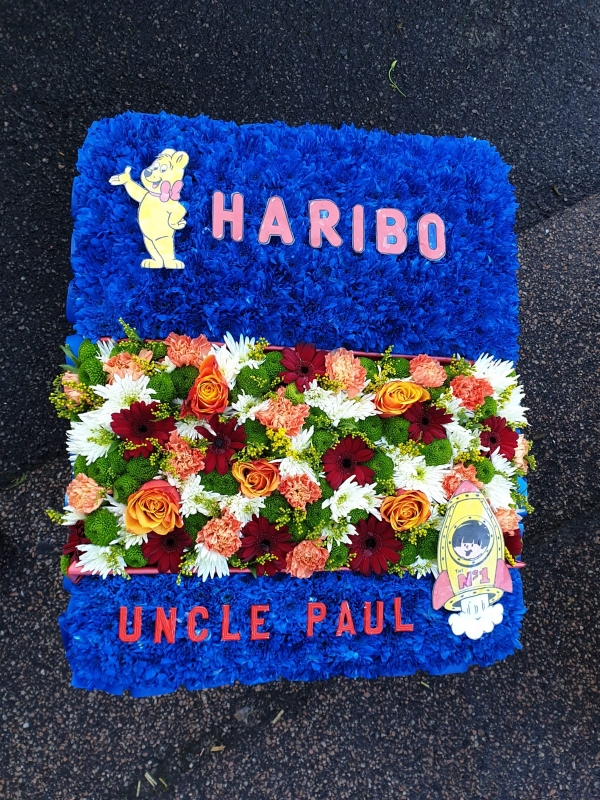 funeral flowers snack packaging like Walkers or Haribo