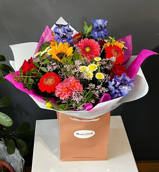 Stunning summer blooms mixed bouquet to include Dahlias, Delphinium, Sunflowers for same day delivery in Croydon, Surrey