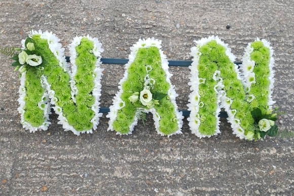 Two coloured funeral letters MUM, NAN, DAD, GRANDAD, GRANDMA, AUNT, UNCLE, SON