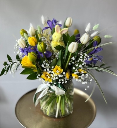 Tulips vase woth iris and pussy willow and Easter Decorations by Croydon Florist