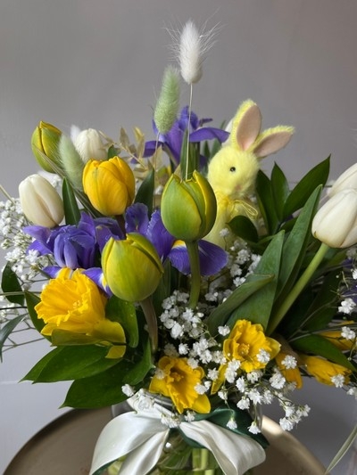 Tulips vase woth iris and pussy willow and Easter Decorations by Croydon Florist