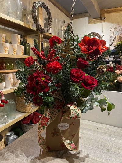 70 cm gift box arrangement to include Amaryllis, Roses, Carnations, Ilex, Pussy Willow, Eucalyptus, Pines, Blue spruce, gold tree ornaments with big hessian bow. Amazing long lasting gift to enjoy. Made by independent florist delivery in Croydon, Surrey, UK.