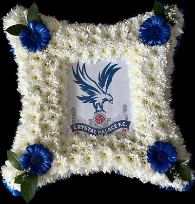 photo or logo funeral flowers cushion as photo frame by Croydon Blooms Florist