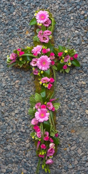 Funeral Mixed Flowers Cross on Moss