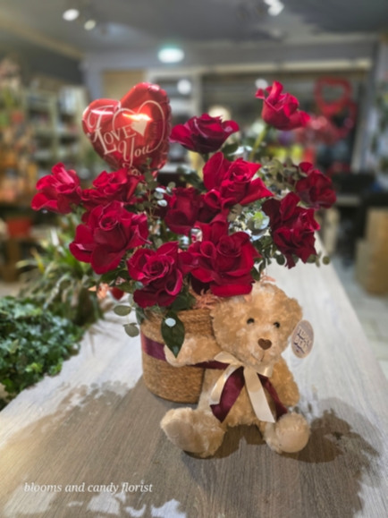 Luxury Instagram look 12 red rises set with teddy and balloon by Croydon Blooms florist