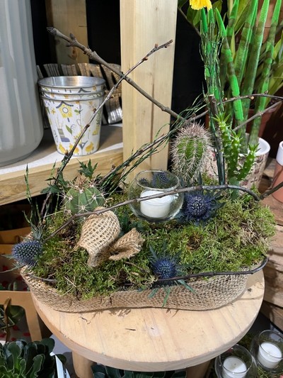 30cm long oval indoor planter made on moss with mini cactus with glass candle holders and decorated with dry elements.  lovely gift for a side table to enjoy for a long time.  planter will be gift wrapped in cellophane and tied with a silk bow and personal message attached. Made by florist in Croydon 