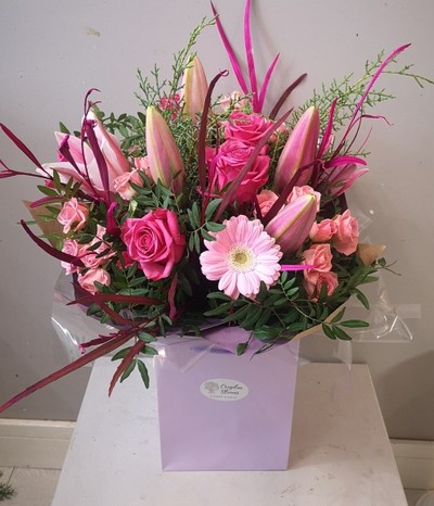 pink roses and lilies handtie handmade by local florist in Croydon, CR, South London, UK