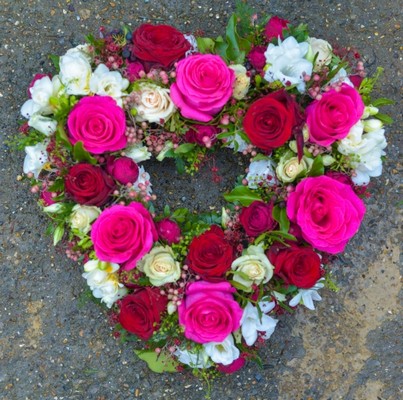 mixed roses open funeral heart by Croydon Blooms