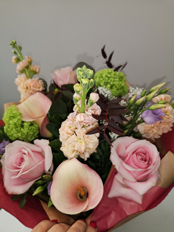 lovely delicate and elegant pink bouquet to include calla lily made by florist in Croydon, Surrey