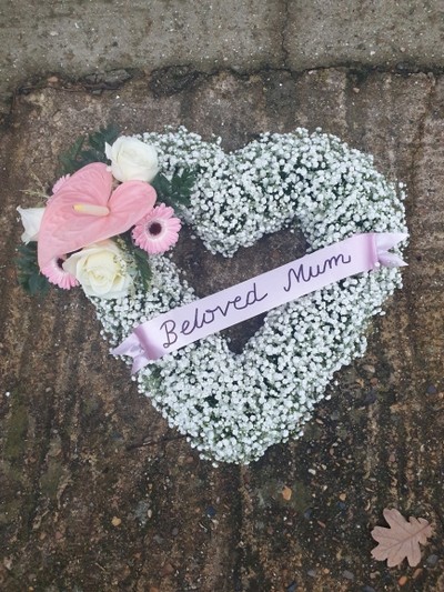 open funeral heart made of gypsophilium by Croydon Blooms florist