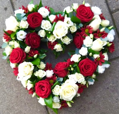 white and red flowers open funeral heart by Croydon Blooms funeral florist