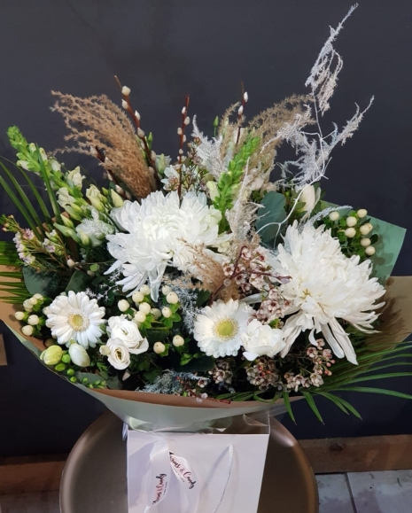 White fresh flowers bouquet with pussy willow, natural grass and wax, made in Croydon by local florist