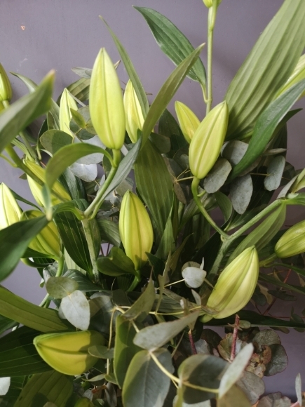 white lily flowers with eucalyptus in a glass vase from Croydon florist
