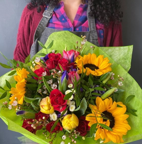 sunflowers and iris bouquet handmade by local florist in Croydon for same day delivery in CR