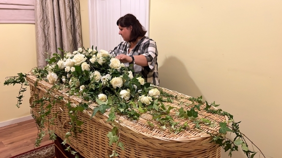 Wild ivy coffin spray for delivery in South London, dressing of the coffin at funeral directors by florist in Croydon