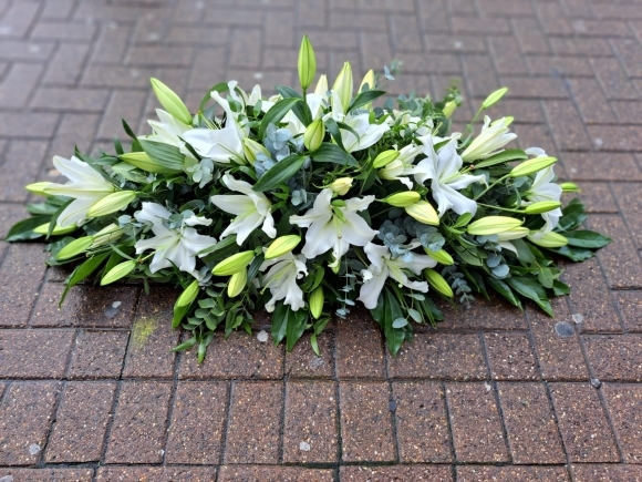 white lilies coffin spray for funeral, casket spray, wreath, Croydon
