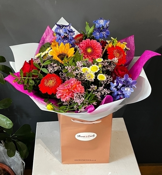 Stunning summer blooms mixed bouquet to include Dahlias, Delphinium, Sunflowers for same day delivery in Croydon, Surrey
