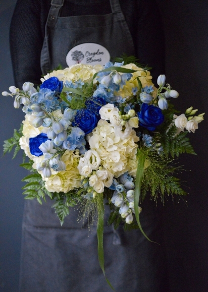 white hydrangea, blue roses and blue delphinium luxury bouquet, perfect for New Baby Boy