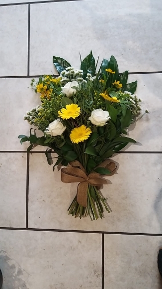 Florist choice yellow and white funeral flowers sheaf made by florist in Croydon, Surrey 