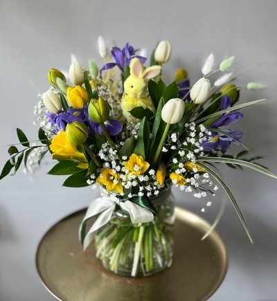 Tulips vase woth iris and pussy willow and Easter Decorations by Croydon Florist