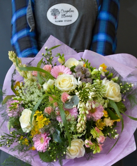 soft pinks, creams, yellows bouquet handmade by local florist in Croydon for same day delivery in Cr, perfect for Valentines