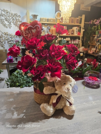 Luxury Instagram look 12 red rises set with teddy and balloon by Croydon Blooms florist