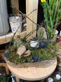 30cm long oval indoor planter made on moss with mini cactus with glass candle holders and decorated with dry elements.  lovely gift for a side table to enjoy for a long time.  planter will be gift wrapped in cellophane and tied with a silk bow and personal message attached. Made by florist in Croydon 