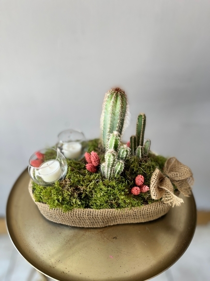 30cm long oval indoor planter made on moss with mini cactus with glass candle holders and decorated with dry elements.  lovely gift for a side table to enjoy for a long time.  planter will be gift wrapped in cellophane and tied with a silk bow and personal message attached. Made by florist in Croydon 