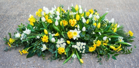spring coffin spray to include tulips, narcissus handmade by florist in Croydon