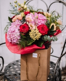 Stunning g compact look bouquet with pink hydrangeas and red roses made by florist in Croydon for delivery in CR0 CR2 CR3 CR4 CR5 CR6 CR7 CR8 SE25 SW16 SE3 SE6 SE12 BR4 BR2 BR1 BR3